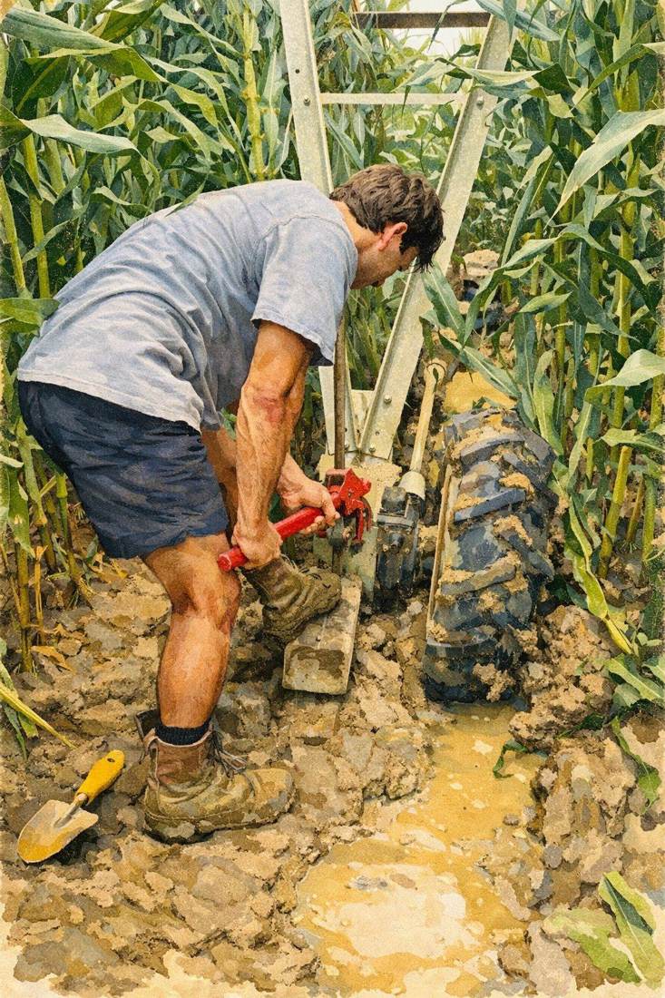 Farmer repairing irrigation equipment in the field after rain