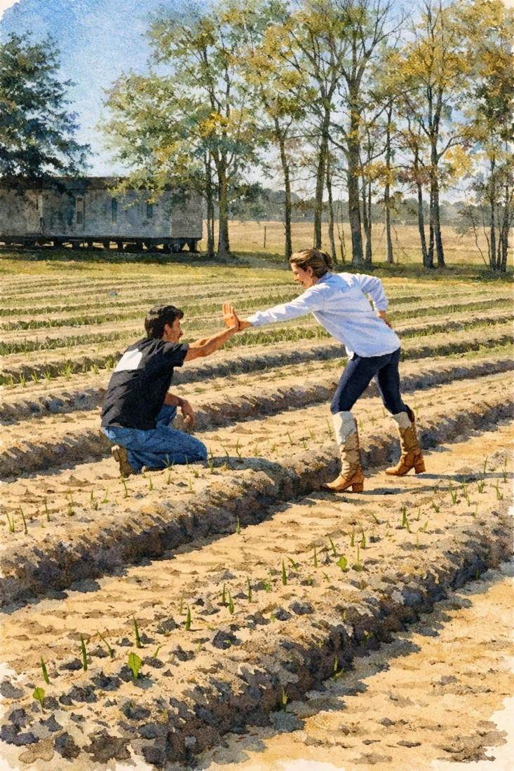 Two farm family members high-fiving across freshly planted rows
