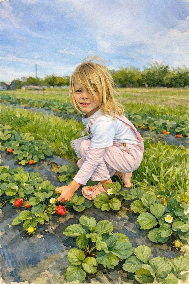 A young girl picking ripe strawberries in the U-Pick field