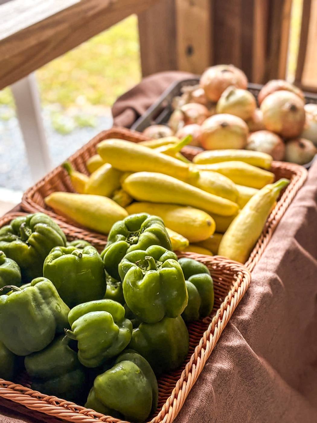 Freshly picked green bell peppers, yellow squash, and onions in woven baskets at the farm stand
