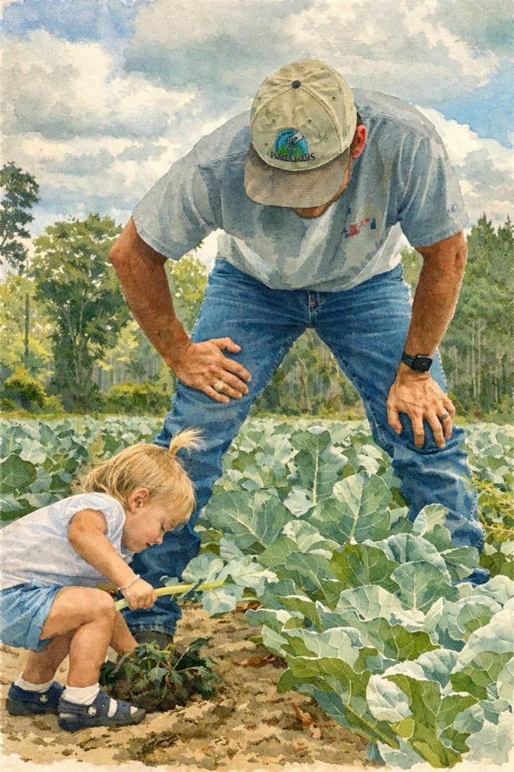 Farmer holding a broccoli stalk beside a toddler in the field