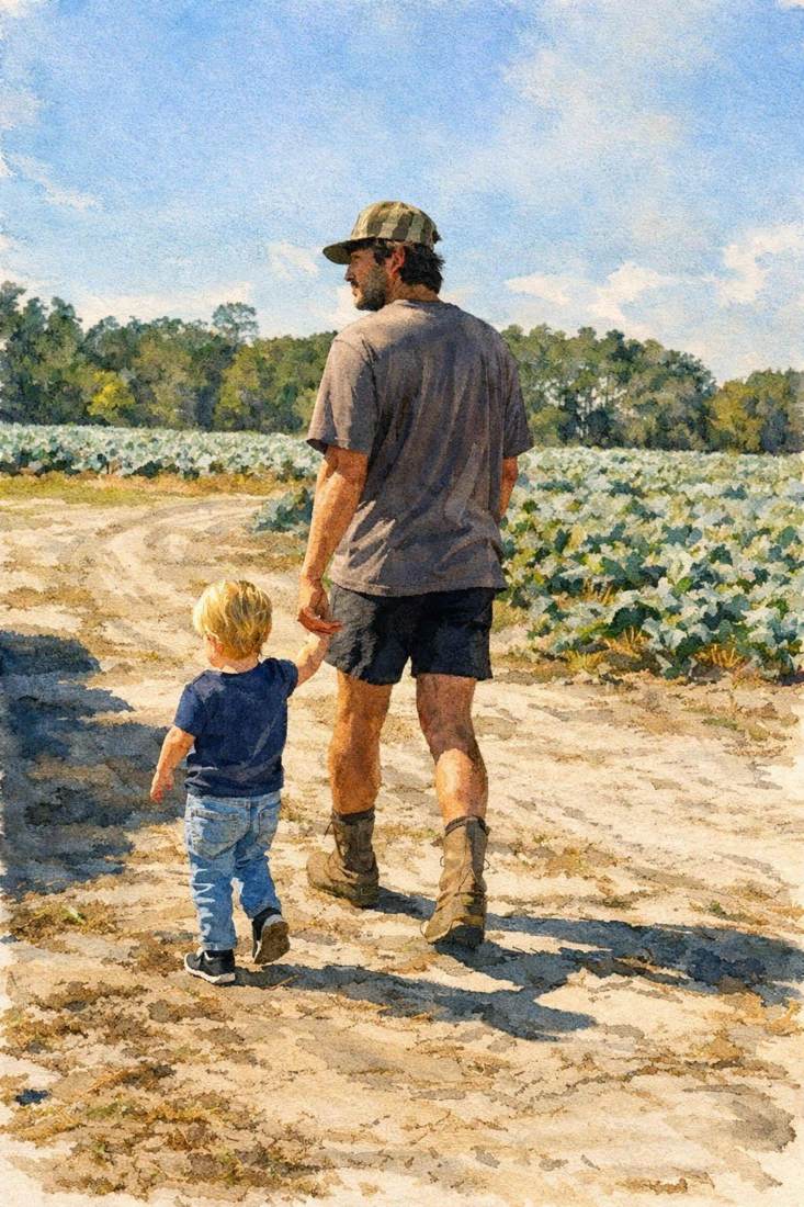 A father crouches with his young son in a broccoli field, teaching him how to harvest