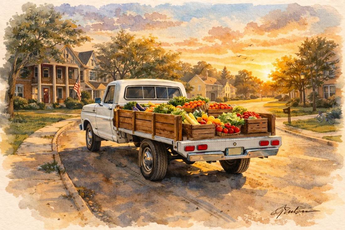 Watercolor illustration of a farm delivery truck loaded with fresh produce, parked on a small-town Boston, Georgia street at sunset